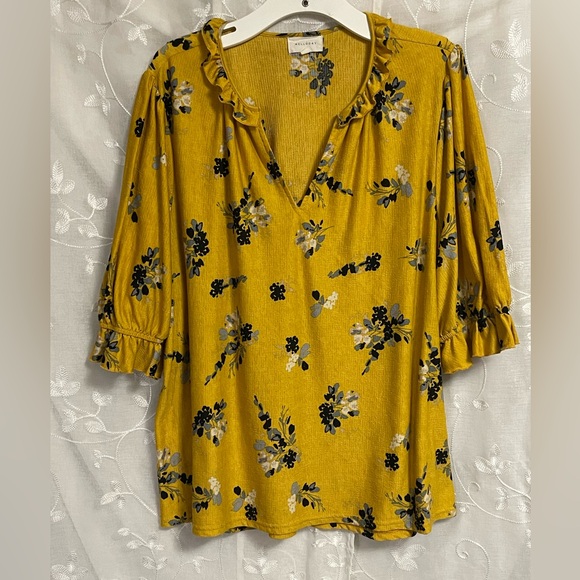 Melloday Top Women’s Sunflower Yellow Floral V-Neck Ruffled Sleeve Pullover 2X - Picture 4 of 8